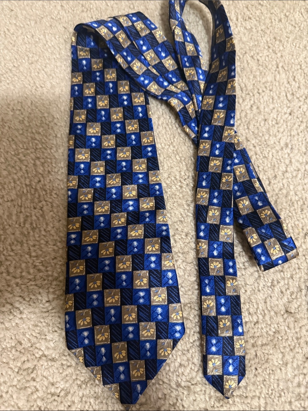 Men's Blue and Gold Geometric Check Tie